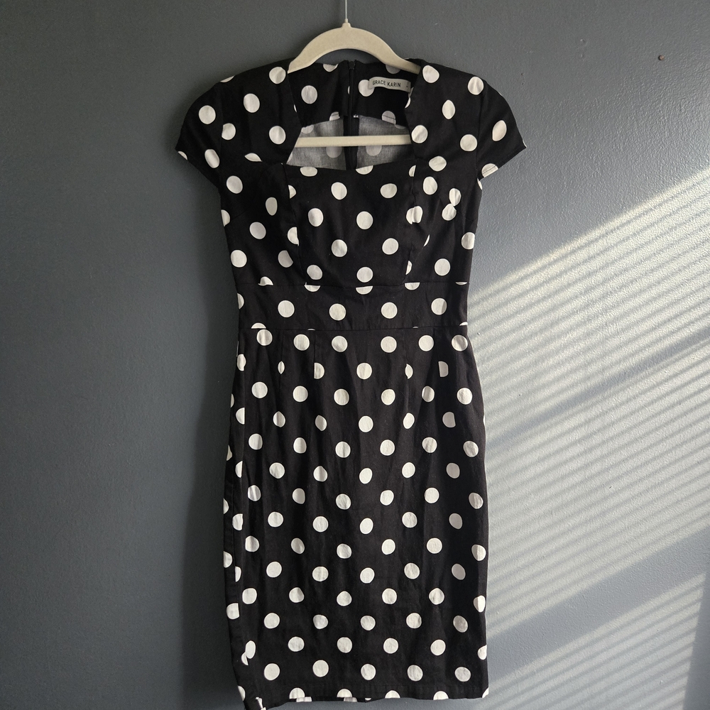 Grace Karin Retro Small Black and White Polka Dot Midi Dress